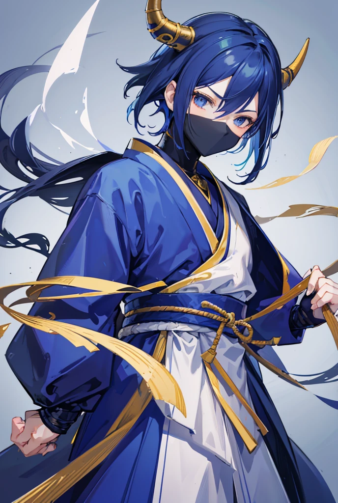 Standing portrait, Central Focus, Centered, Fully in-frame, Solo, Standing still, zoomed out

Gender: male

Appearance: ninja boy with blue hair, he wears a deep blue and gold samurai armor over a regal kimono and hakama clothes, he has gold bull horns and a mask.