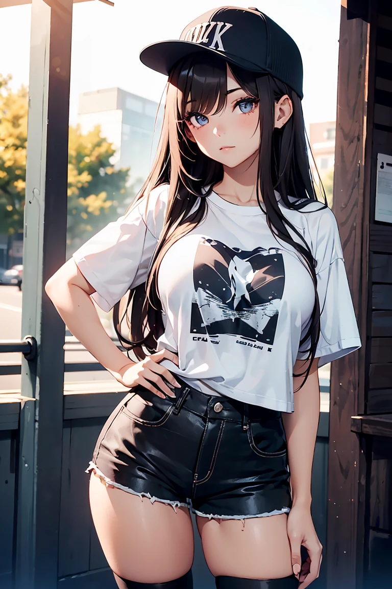 (masterpiece, best quality, ultra-detailed), swept bangs, braid, braided bangs, (wearing a t-shirt:1.2), sitting on a chair outside of caf, embracing the natural beauty, sunlight, beautiful cloudy sky, city, street, denim shorts, black stocking,
medium breasts, thick thighs, critical angle, cowboy shot, arm behind head, arm behind back, armpits, light smile, crop top, strong and seductive expressions,,