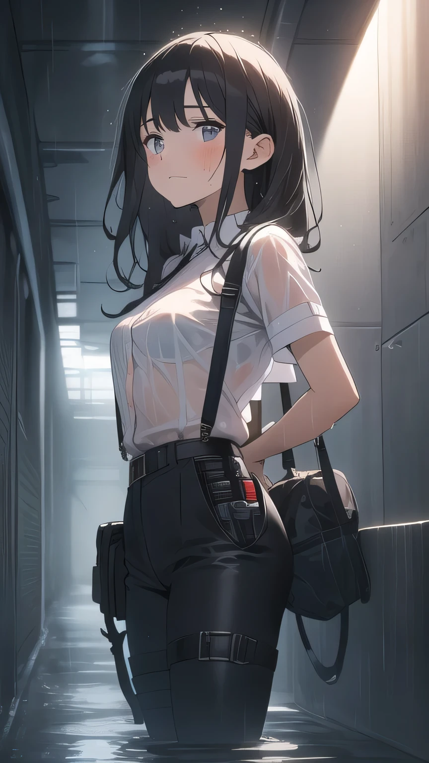 1 female, , high quality, masterpiece, Ultra-high resolution, , Cinema Lighting, , , And the suspenders with the cranes flying Large Breasts Small face holster Lying in bed Looking up Sweat belt summer Black Hole Gloves suit shirt Black trousers Leg Links ズボンにbelt holster Hands behind your back Anxious expression Looking up Anxious face, legs apart Armament Handgun handcuffs Cable ties holster holster See-through clothing heavy rain Getting wet in the rain