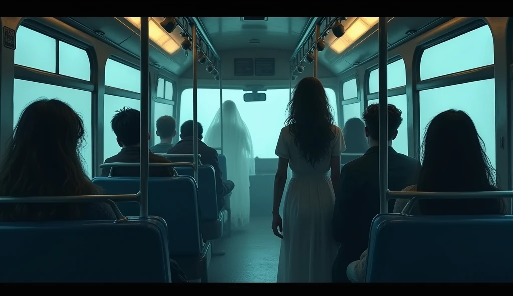 Bus in the Night:** An old, dimly lit bus with flickering lights and a ghostly woman’s silhouette slowly becoming more ethereal inside the bus. The scene is filled with a mysterious and suspenseful atmosphere