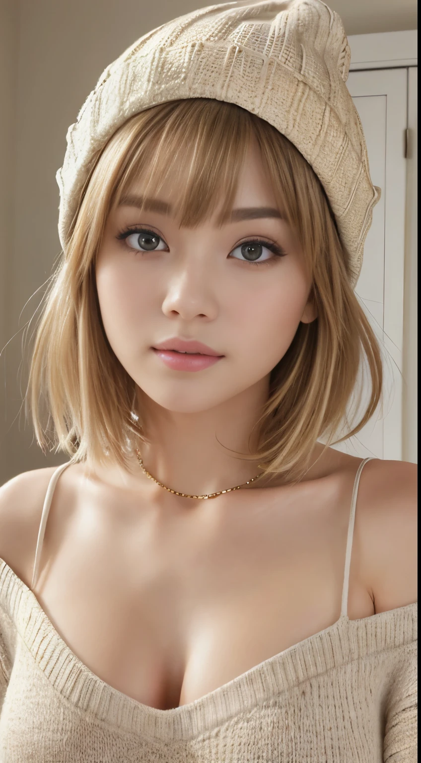 (Masseter muscle area:1.3)、(8k、Photorealistic、RAW Photos、Best Quality: 1.4)、(One Girl)、Beautiful Face、(A vivid face)、(Light beige mixed hair、Short Hair:1.3)、(Big Breasts)、Off-the-shoulder sweater、is sticking out 、appear、((Sexy))、Beanie、Wearing a cute knitted hat with pom-poms、necklace、(Display hat on screen)、Realistic eyes、Beautiful details、(Realistic Skin)、Beautiful Skin、Absurd、Attractive、Ultra-high resolution、Surreal、High definition、Golden Ratio