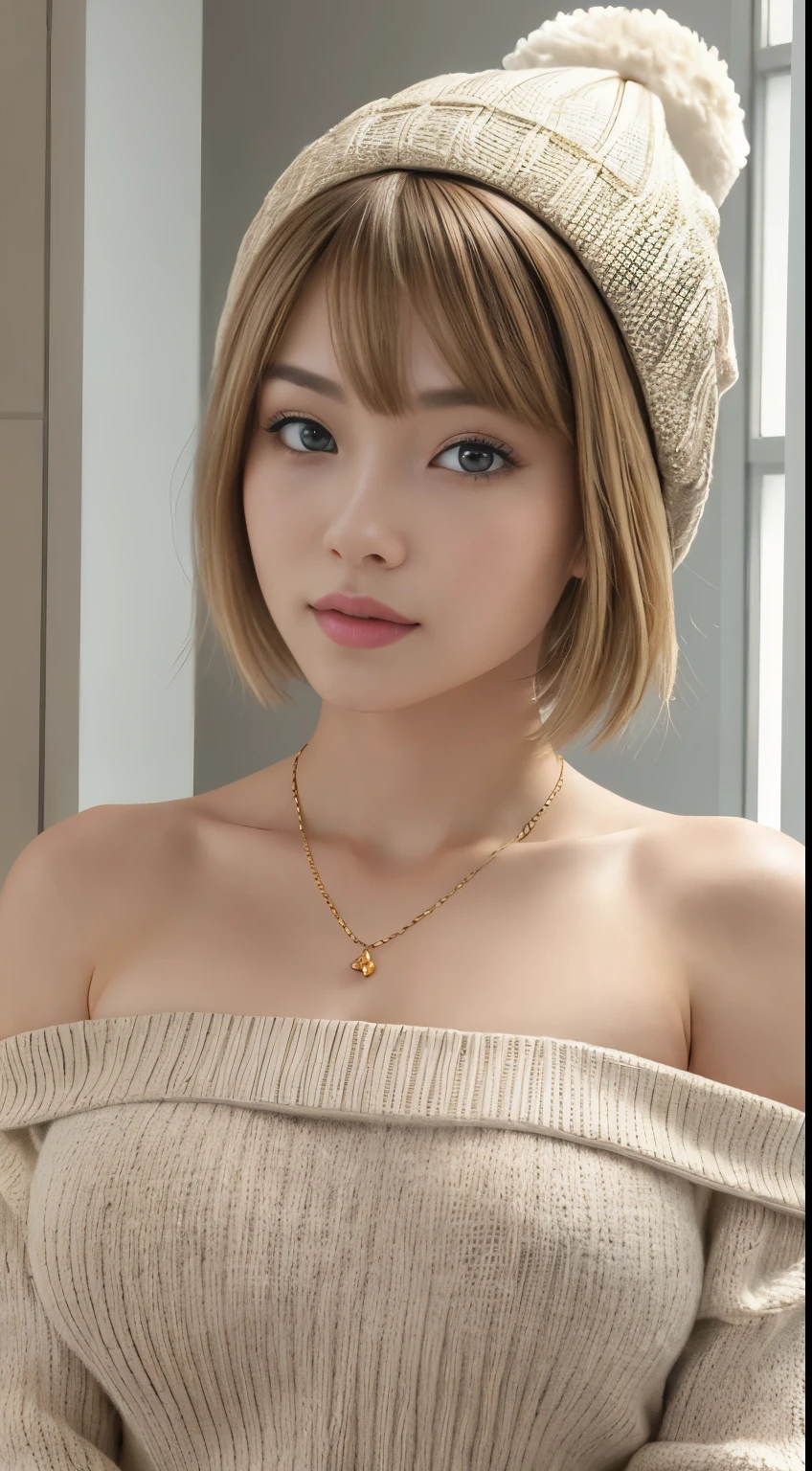 (Masseter muscle area:1.3)、(8k、Photorealistic、RAW Photos、Best Quality: 1.4)、(One Girl)、Beautiful Face、(A vivid face)、(Light beige mixed hair、Short Hair:1.3)、(Big Breasts)、Off-the-shoulder sweater、is sticking out 、appear、((Sexy))、Beanie、Wearing a cute knitted hat with pom-poms、necklace、(Display hat on screen)、Realistic eyes、Beautiful details、(Realistic Skin)、Beautiful Skin、Absurd、Attractive、Ultra-high resolution、Surreal、High definition、Golden Ratio