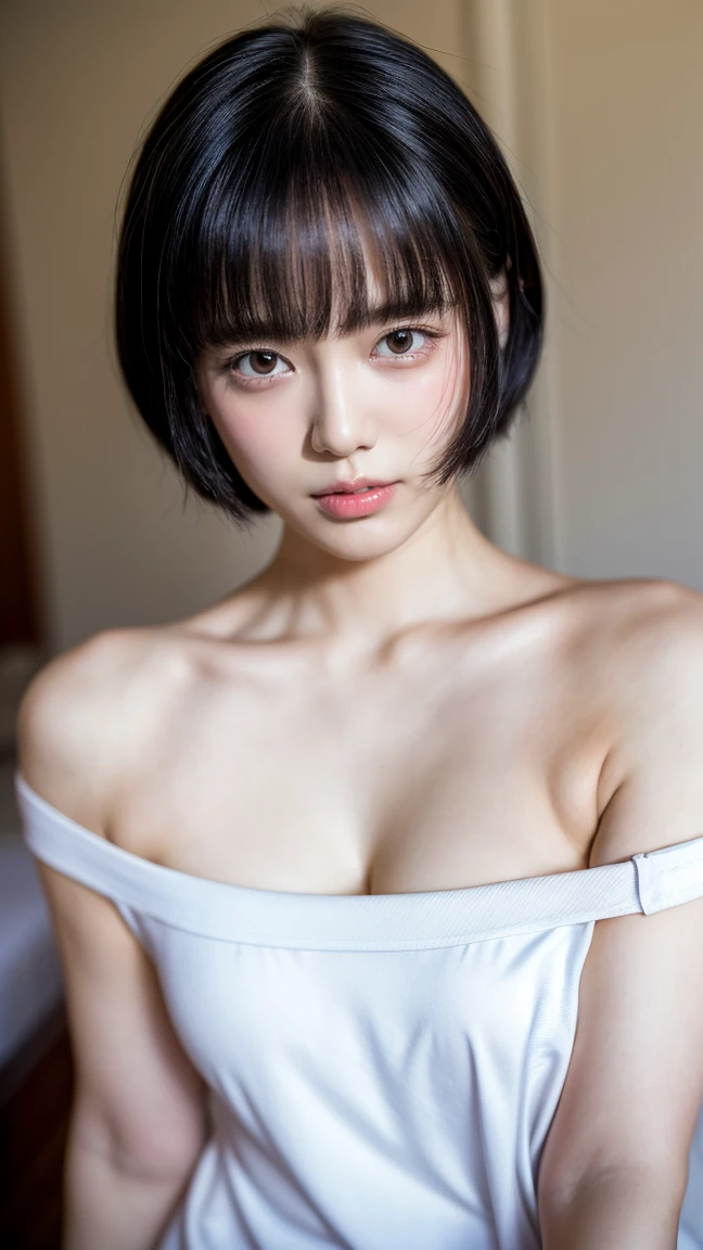 ((Petite women, Sensual woman, No makeup, 柔らかい笑face)), (((Small eyes, length, Narrow eyes, Black Hair, Short Bob Hair))), (Full body portrait, Short Hair, Large Breasts, Wearing a white T-shirt, Protruding nipples, Thick pubic hair), White skin, Glossy pale lips, skinny, Body Type, Delicate and sexy collarbone, Best Quality, RAW Photos, Realistic, face, so beautiful, cute, Depth of written border, High resolution, 超detailed, detailed, Very detailed, extremely detailed eye and face, Sharp pupils, Sharp focus, Cinema Lighting