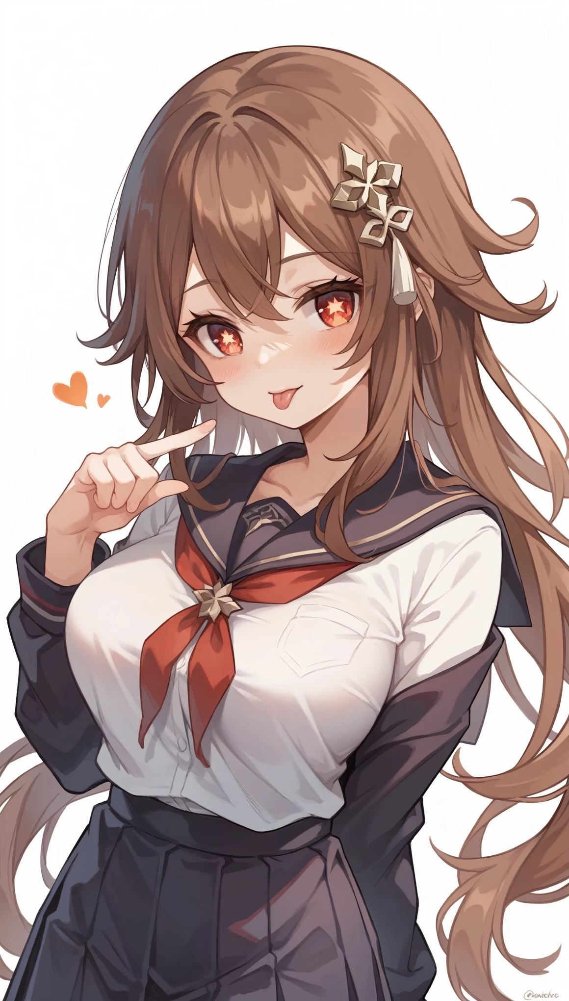 masterpiece，high resolution，Anime Art，Anime Numbers， 4k anime wallpaper，Radiant Skin，Solitary，Genshin Impact Walnut，An anime girl，blush，Cute expression，finger，Tongue out，Brown hair，Wearing school uniform，Short skirt，Big breasts，Red star eyes，Upper body close-up，White background