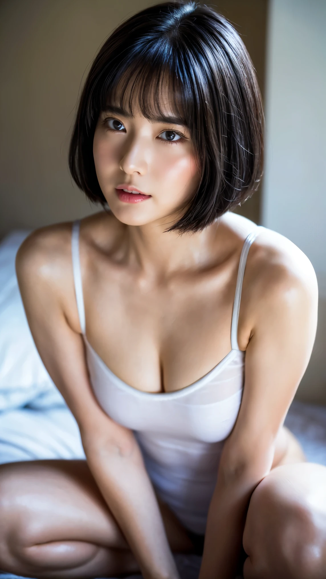 ((Petite women, Sensual woman, No makeup, 柔らかい笑face)), (((Small eyes, length, Narrow eyes, Black Hair, Short Bob Hair))), (Full body portrait, Short Hair, Large Breasts, Wearing a white T-shirt, Protruding nipples, Thick pubic hair), White skin, Glossy pale lips, skinny, Body Type, Delicate and sexy collarbone, Best Quality, RAW Photos, Realistic, face, so beautiful, cute, Depth of written border, High resolution, 超detailed, detailed, Very detailed, extremely detailed eye and face, Sharp pupils, Sharp focus, Cinema Lighting