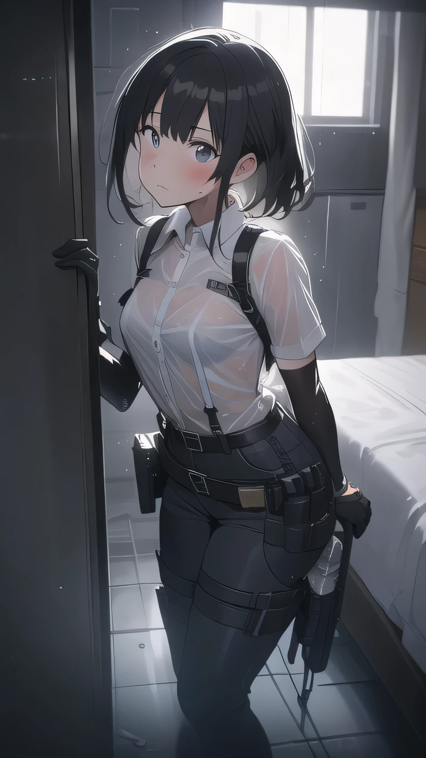 1 female, , high quality, masterpiece, Ultra-high resolution, , Cinema Lighting, , , And the suspenders with the cranes flying Large Breasts Small face holster Lying in bed Looking up Sweat belt summer Black Hole Gloves suit shirt Black trousers Leg Links ズボンにbelt holster Hands behind your back Anxious expression Looking up Anxious face, legs apart Armament Handgun handcuffs Cable ties holster holster See-through clothing heavy rain Getting wet in the rain
