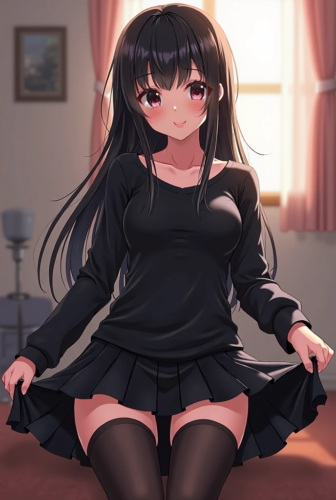 score_9, score_8_up, score_7_up, source_anime,1girl, , cute, beautiful,young, at night, nervous, nsfw, , hi-res, 8k, rin tohsaka, {aqua eyes, black hair, hair ribbon, long hair, ribbon, sidelocks, two side up, parted bangs,, black skirt, black thighhighs, long sleeves, miniskirt, pleated skirt, red sweater, skirt, sweater, thighhighs, turtleneck, lift shirt, navel, black bra, cleavage, from bellow, room, bed, blush, panties, breasts out, nipples,