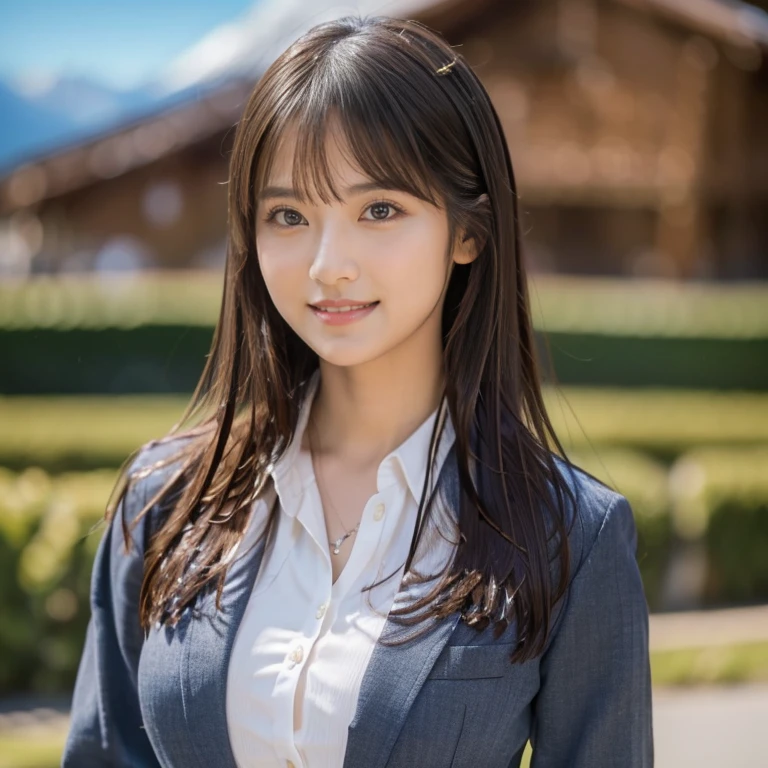 32k、highest quality、masterpiece、超A high resolution、photograph、The elegance of beautiful Japanese women、Single-lens reflex camera、There are some good ones too、A transparent atmosphere、sexy lip、slanted bangs、beautiful face、long hair、make bangs、smile、natural soft light、wearing an 18 year old suit、wear a miniskirt、country road、Push the bike