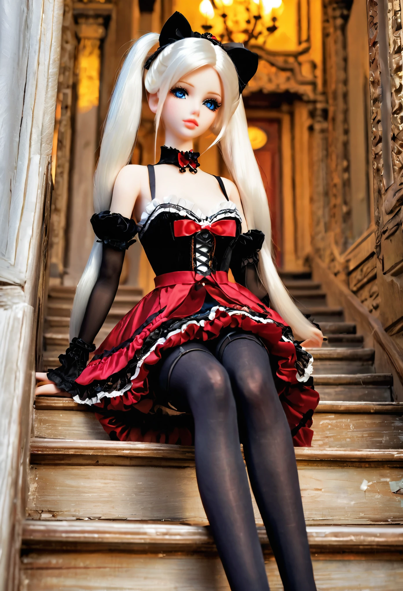 (masterpiece, Best quality: 1.2), 1twintails barbie doll,doll，Colloid，{{{Leg stockings,：Compiled by thin filament lines arranged horizontally}}}，{black stockings},indian style,,full body,from below,high heels,stairs,gothic architecture,,white hair,girl,blue eye,gothic ****ta，,heterochromia golden red,beautiful detailed eyes,