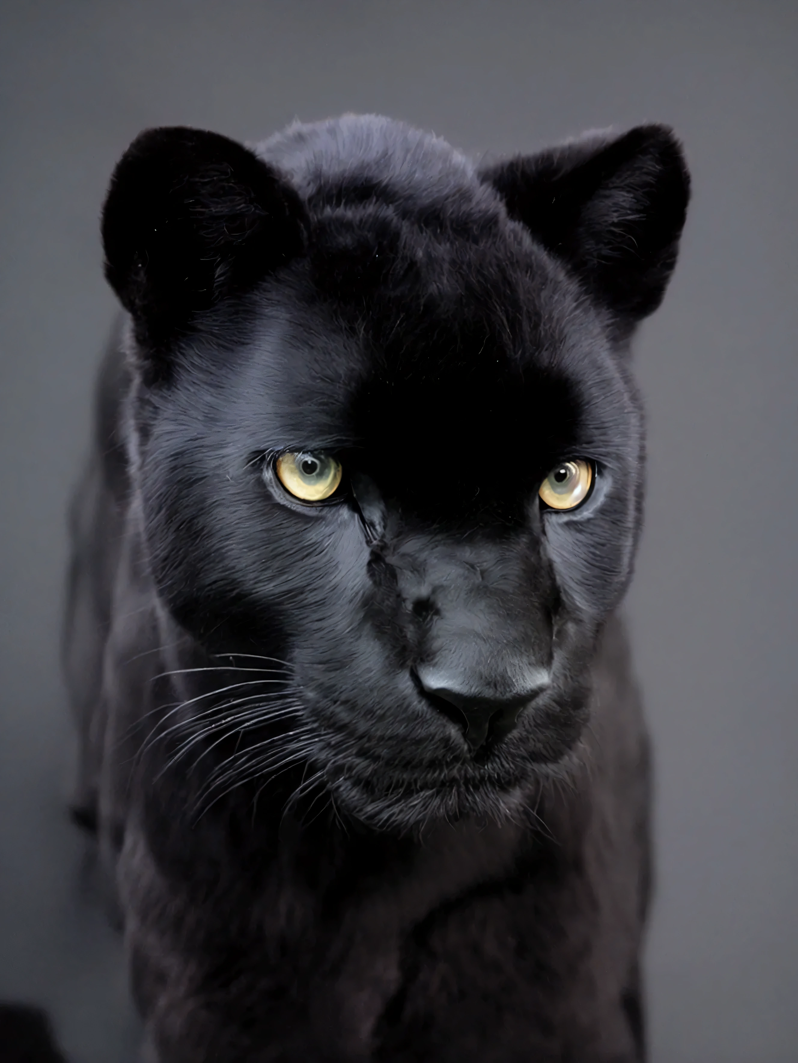 female panther, alone, (((full (black) fur))), face only, simple background, (((black background))), front face, look at viewer, ((strong light from (left))), perfect anatomy, (((full body))), detailled fur, photography, professional, ((photoralistic)), 8k, masterpiece