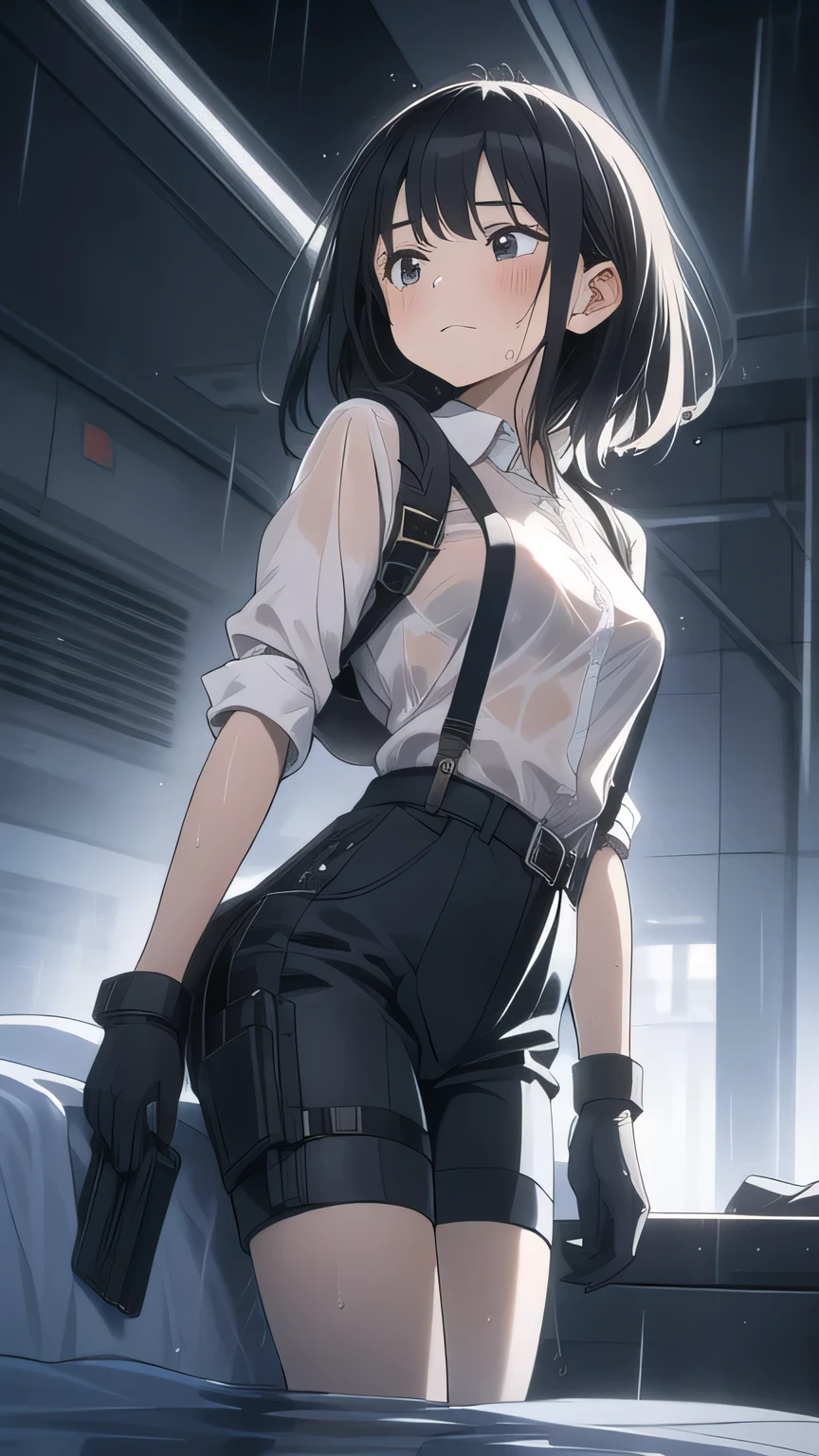 1 female, , high quality, masterpiece, Ultra-high resolution, , Cinema Lighting, , , And the suspenders with the cranes flying　　　Large Breasts　 　 　　　　Small face　 　　　holster　　　　　　　 Lying in bed　Looking up　　　　Sweat 　　　belt　summer　　Black Hole Gloves　suit　shirt　　　 Black trousers　Leg Links　ズボンにbelt　　holster　 　　Hands behind your back　 Anxious expression　Looking up　Anxious face, legs apart　Armament　Handgun　handcuffs　Cable ties　holster　holster　See-through clothing　heavy rain　Getting wet in the rain
