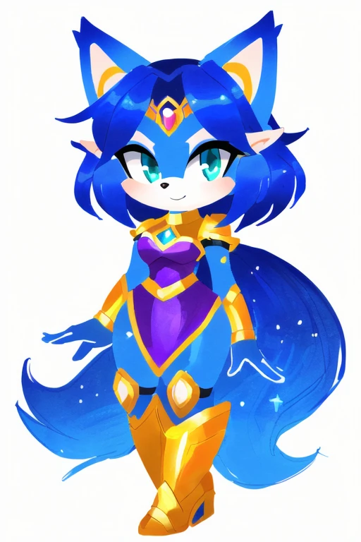 there is a drawing of a cat with a blue and yellow costume, fox from league of legends chibi, krystal from star fox, full color drawing, colored drawing, coloured in blueberra and orange, colored lineart, high quality colored sketch, elf with blue skin, traditional art, coloured line art, coloured lineart, colored sketch, glamorous angewoman digimon female sonic style 