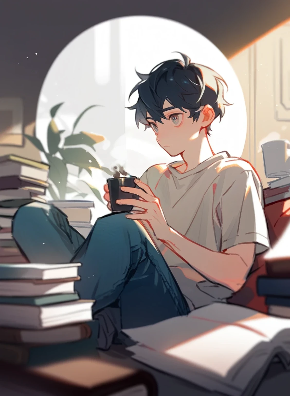 with messy black hair, school，shy，blush. He always wears a simple white t-shirt and jeans., and has a peculiar hunched posture.(1man), Alone, beautiful detailed eyes, classroom, books, coffee, motion blur, illustration