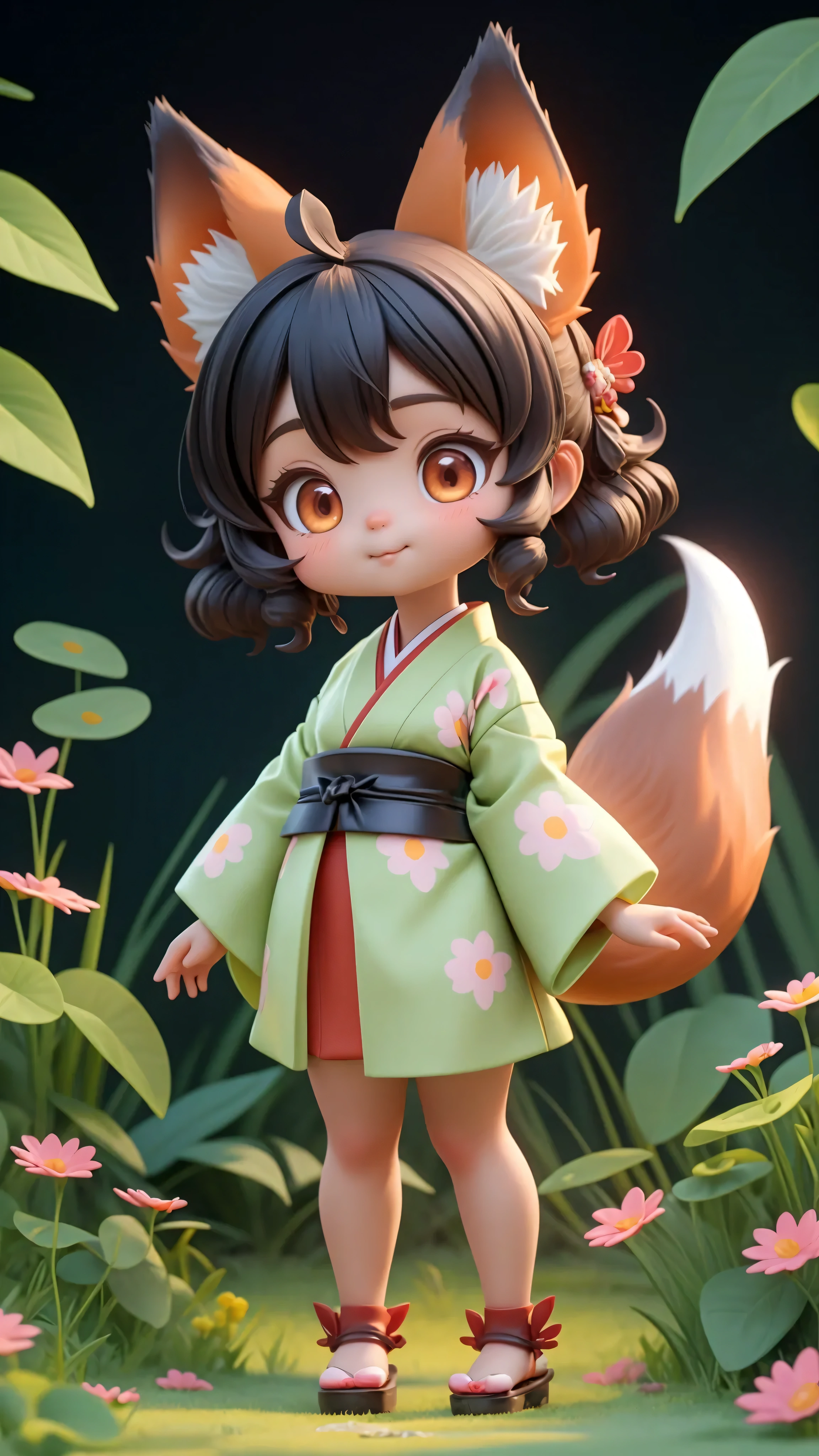 Full body view, standing from the front, both arms and both legs clearly visible, "A cute and playful version of Kuzunoha (Kudzu leaves), a fox spirit from Japanese folklore. She has a small, gentle face with soft, fluffy fox ears poking through her short black hair. She is dressed in a miniature version of a traditional white and red kimono, with a playful fox tail visible behind her. She stands in a bright, sunny meadow, surrounded by colorful flowers, with a happy and curious expression. The scene feels light and magical, emphasizing her innocence and childlike charm."