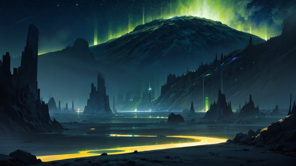 Death dimension landscapes, Dark floating islands, green light, night, dust, stars on the sky