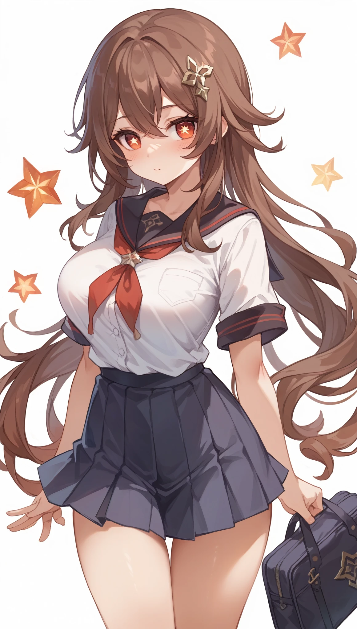 masterpiece，high resolution，Anime Art，Anime Numbers， 4k anime wallpaper，Radiant Skin，Solitary，Genshin Impact Walnut，An anime girl，blush，Cute expression，，Brown hair，Wearing school uniform，Short skirt，Big breasts，Red star eyes，thigh，Upper body close-up，White background