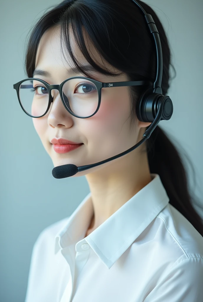 Close-up shot of beautiful korean female, 36 inch breasts size, glasses, wearing earphone, wearing white short sleeve shirt with bottons, black skirt, sitting on the bus, night, UHD