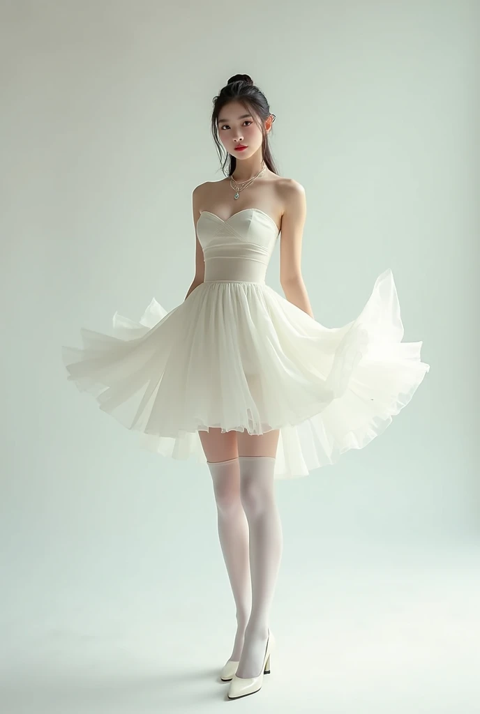(There was a 16-year-old Japanese girl who, despite being only 13, had a slim body, medium breasts, and a very cute baby face.:1.5),(Full body portrait:1.5),very narrow waist,All pure white sheer miniskirt lingerie, lace gloves, high heels and garter stockings,Frightened look,Standing empty-handed and looking away,girl is looking somewhere,Secretly taken from the side at a distance