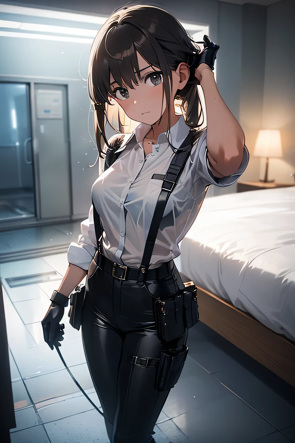 1 female, , high quality, masterpiece, Ultra-high resolution, , Cinema Lighting, , , And the suspenders with the cranes flying Large Breasts Small face holster Lying in bed Looking up Sweat belt summer Black Hole Gloves suit shirt Black trousers Leg Links ズボンにbelt holster Hands behind your back Anxious expression Looking up Anxious face, legs apart Armament Handgun handcuffs Cable ties holster holster See-through clothing heavy rain Getting wet in the rain