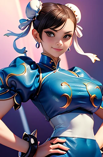 Detailed high quality image of Chun Li red lips blushing tender face firm body perfect breasts Chun Li&#39;s iconic dress full body view hands on her waist 