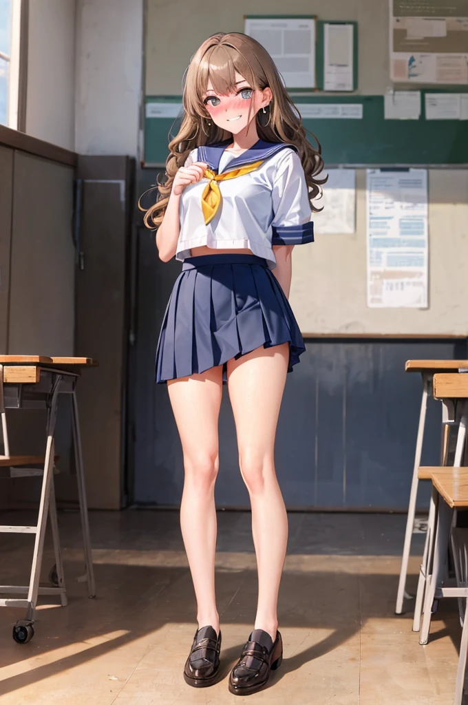 nsfw, (8k、Best image quality、Best Quality、masterpiece)、Detailed face、Detailed Background, Improve、A beautiful 3 woman, One Man, (Light Brown Hair:1.3), Wavy long hair, blunt bang, Big Ass, (Sailor suit:1.35), (Navy blue mini pleated skirt:1.3), Gold Necklace, Earrings, (A tense look:1.5), (grin), (Blushing:1.4), classroom, stand, Strong sunlight, (Lift your skirt and show everyone your panties:1.3), panties visible, (from front:1.3), full body