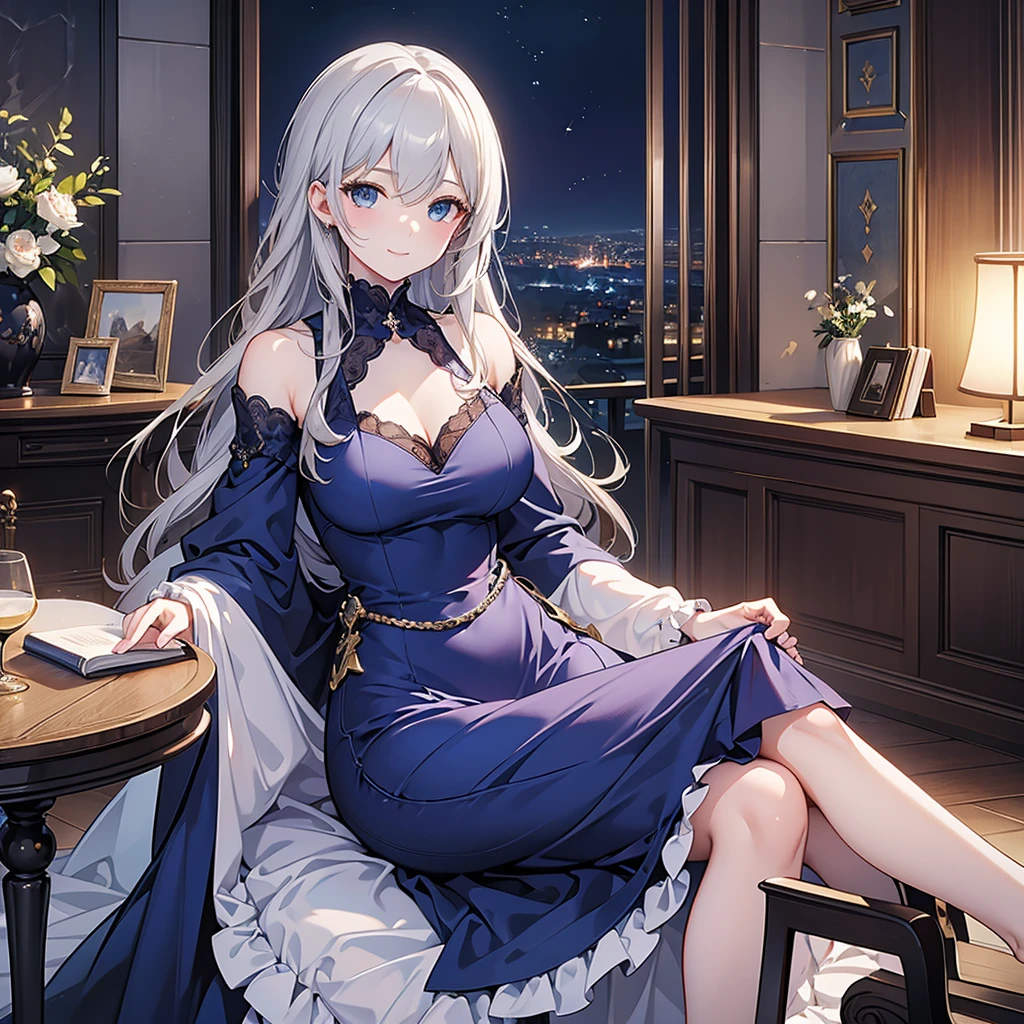 ((Highest quality)), ((masterpiece)) 、One woman, masterpiece, (High resolution), original, extremely detailed 8K , (Photorealistic:1.4),blue eyes ,Symmetrical body type,smile, Medieval European style street、night dark blue dress、smile, blondes, Large Breasts, Gray Hair、city、Sitting in a chair、Luxurious Room、Very luxurious chair、sitting in front、Book placed on thigh、Crossing your legs、Very deep slit、Night view from the window、Wine on the table、((1 person))