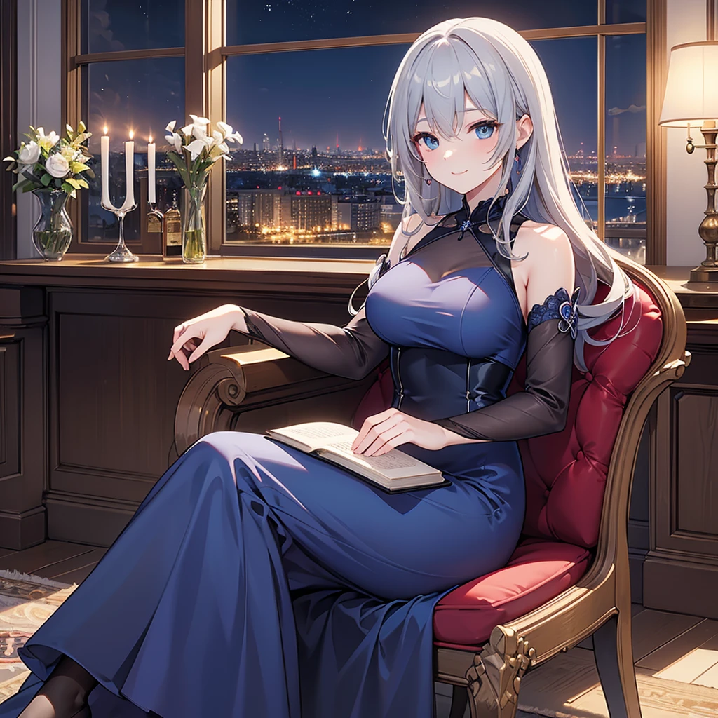 ((Highest quality)), ((masterpiece)) 、One woman, masterpiece, (High resolution), original, extremely detailed 8K , (Photorealistic:1.4),blue eyes ,Symmetrical body type,smile, Medieval European style street、night dark blue dress、smile, blondes, Large Breasts, Gray Hair、city、Sitting in a chair、Luxurious Room、Very luxurious chair、sitting in front、Book placed on thigh、Crossing your legs、Very deep slit、Night view from the window、Wine on the table、((1 person))