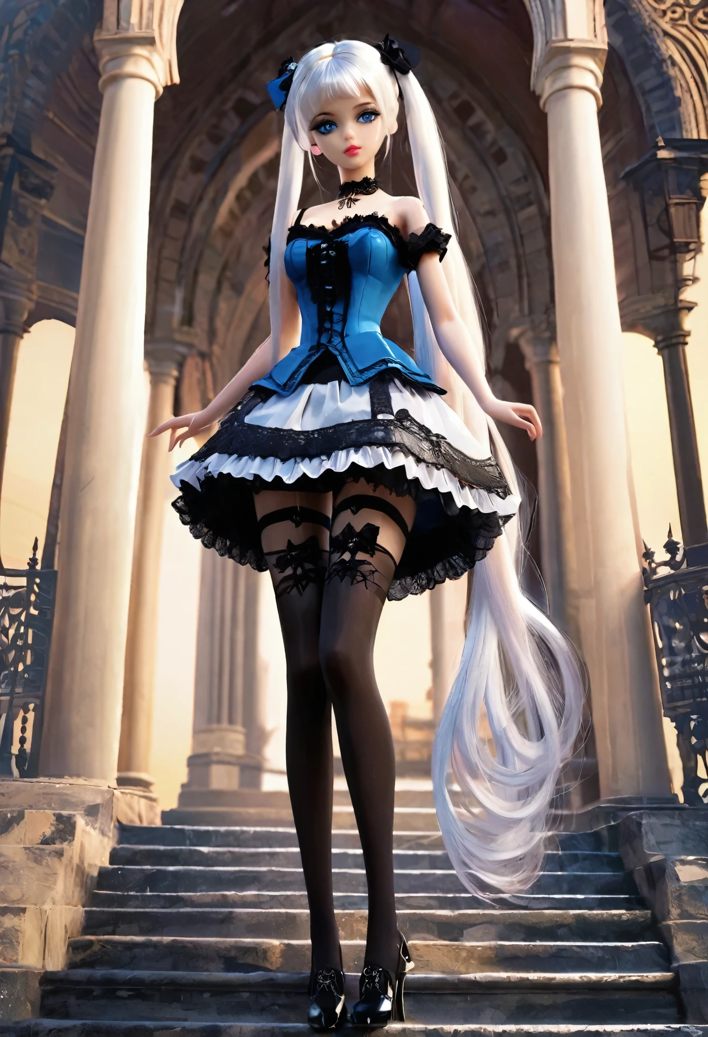 (masterpiece, Best quality: 1.2), 1twintails barbie doll,doll，Colloid，{{{Leg stockings,：Compiled by thin filament lines arranged horizontally}}}，{black stockings},indian style,,full body,from below,high heels,stairs,gothic architecture,,white hair,girl,blue eye,gothic ****ta，,