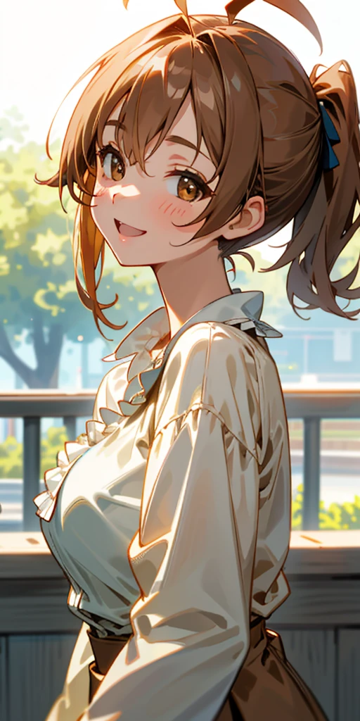 One girl、8k、Sharp Focus、(Bokeh) (Best Quality) (Detailed skin:1.3) (Intricate details) (anime)、Upper body close-up、From the side、Natural proportions、smile、Laughing with your mouth open、White skin、Big eyes、Dark brown eyes、Light Brown Hair、Side Ponytail、Big Breasts、Ahoge、Brown jacket、(Long sleeve blouse)、Ruffled blouse、Upper body close-up、Morning cafe terrace、Background blur、Write boundary depth