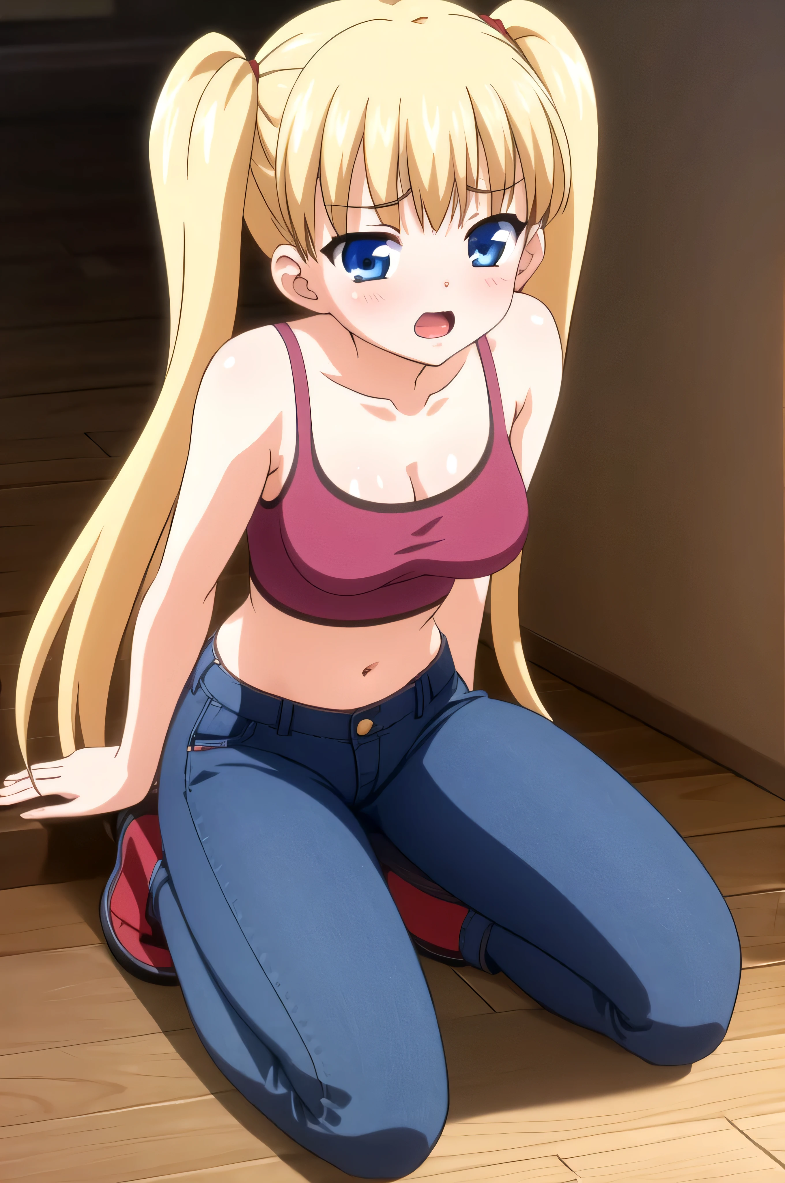 (masterpiece, Best Quality:1.2), absurdities, perfect anatomy, owtech, stylized, 1 girl, full body, looking at the viewer, blushing, shy expression, blunt bangs, Focus only, Soft lighting, (blue eyes), blonde hair, very long hair, twintails, Airi Akizuki, breast, navel, A beautiful and seductive girl, sexy body, Poop sitting, kneeling, leaning forward, supporting arms, open mouth, saliva, neckline, tank top, blue jeans short,