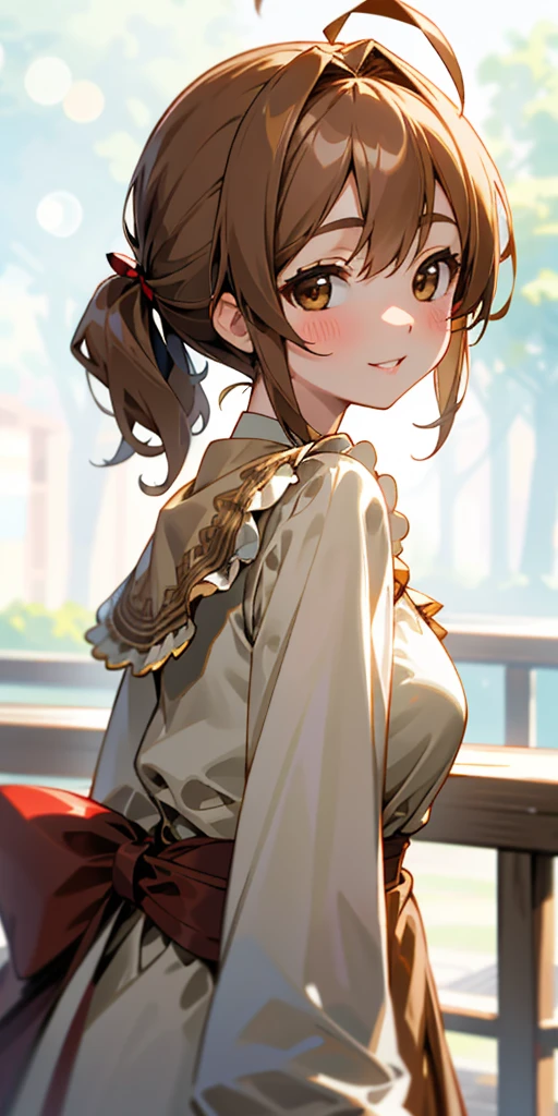 One girl、8k、Sharp Focus、(Bokeh) (Best Quality) (Detailed skin:1.3) (Intricate details) (anime)、Upper body close-up、From the side、Natural proportions、smile、White skin、Big eyes、Dark brown eyes、Light Brown Hair、Side Ponytail、Big Breasts、Ahoge、Brown jacket、(Long sleeve blouse)、Ruffled blouse、Upper body close-up、Morning cafe terrace、Background blur、Write boundary depth