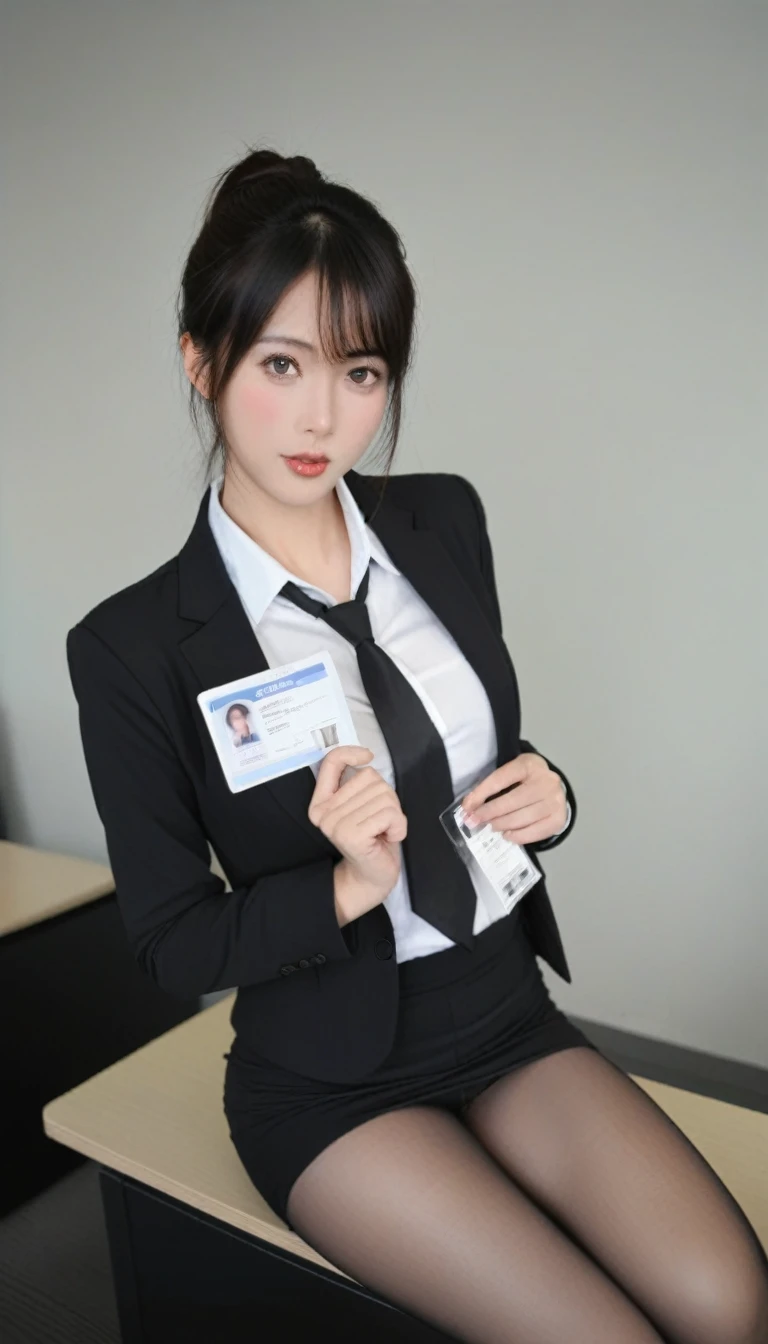 Fraction_9, Fraction_8_Direction_7_up, source_photo, Practical, ,  Ruan Yi 0506, OK, Pantyhose, miniskirt, Office Lady, ID card, Hanging rope, black OK, Black tie, A captivating Korean Office Lady with youthful features and luscious lips. Sleek black hair tied into a silky ponytail. Alluring natural makeup accentuating her flawless looks. Lithe hourglass figure in a formfitting black OK pushing up her ample cleavage. Sheer black Pantyhose hugging her toned, Long Legs. Dangerously short black miniskirt riding up, A glimpse of the legs. Loosened Black tie hanging suggestively between breasts. Office ID on a Hanging rope drawing attention to her chest. She leaned lazily at her desk,Lips pouting sexily, One heel dangles temptingly. Window light creates dramatic shadows inside a modern office,Highlighting her charming curves. A mesmerizing gaze that projects pure charm into the camera.