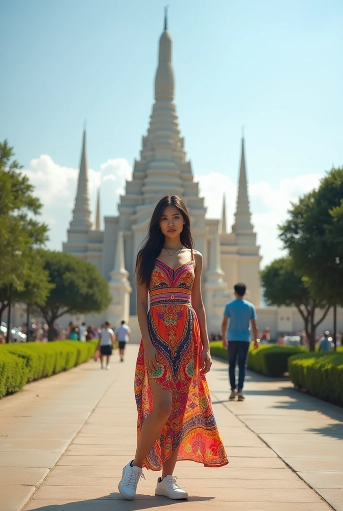 Thai woman, 65 kg, 160 cm tall, long black hair, 40D cup breasts, full body front view, physical
