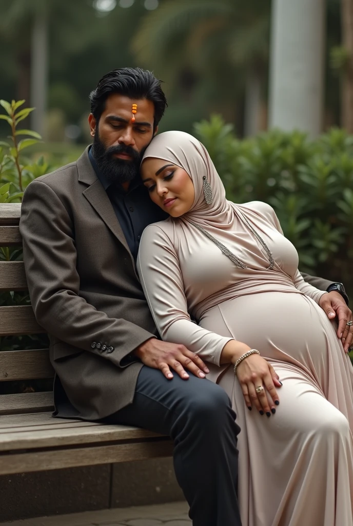 A pregnant woman in a pink headscarf takes a photo with her husband wearing a Muslim suit 