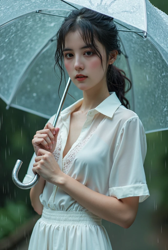 Hair getting wet in the rain、Transparent shirt、Beautiful woman getting wet in the rain、typhoon、Get wet without an umbrella、Beautiful woman in the rain、雨で濡れたBeautyOL、Detailed face、Realistic、beautiful girl、Beauty、Office Lady Uniform、beauty、Beautiful woman、Narrow waist、Handsome woman、Tight pants look、suit、Sexy pose、タイトなsuitパンツ、雨で濡れたsuit、Wet shirt、See-through shirt、Shot in heavy rain、See-through underwear