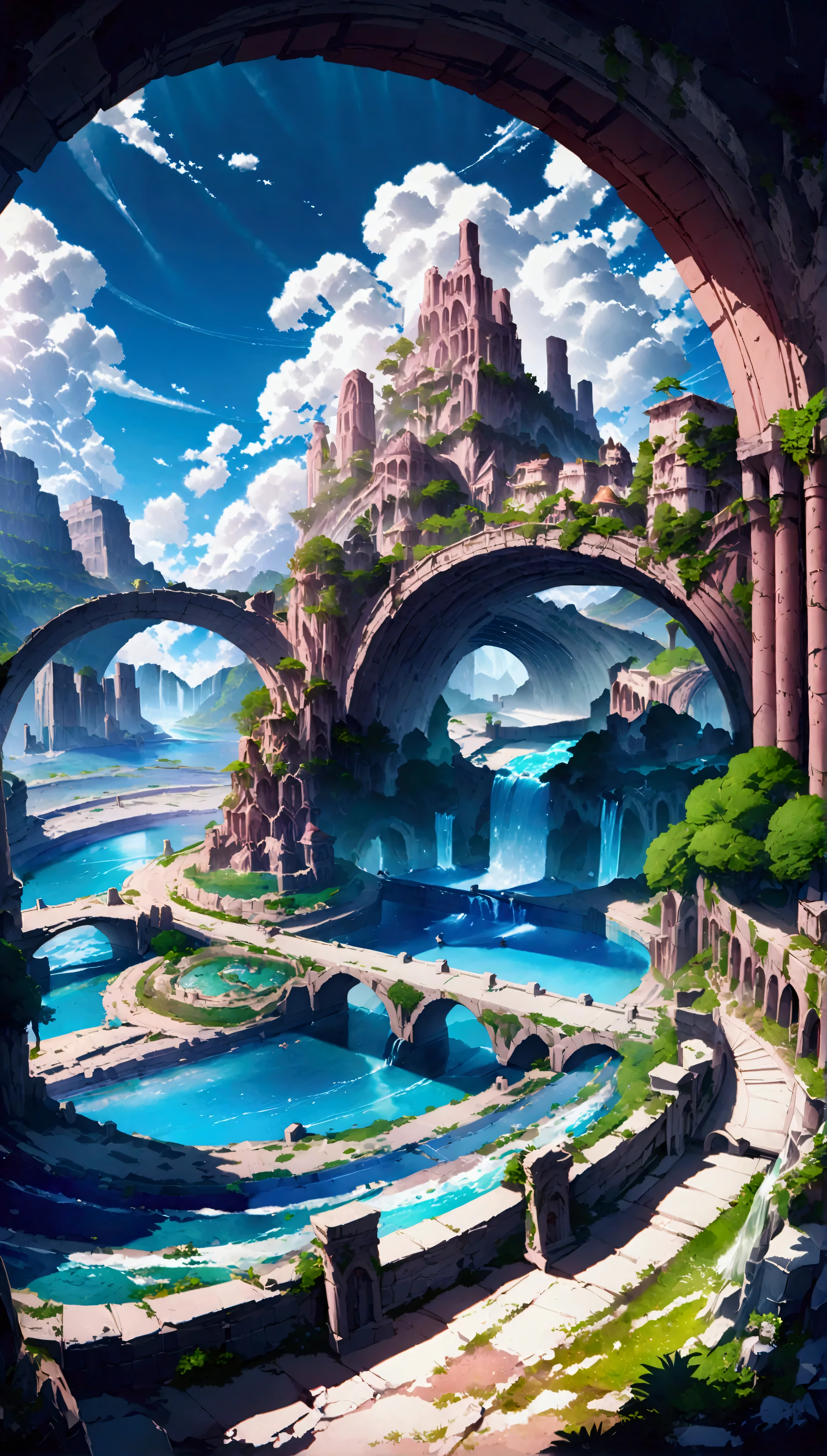 8K resolution, surreal, Super detailed, high quality, fantastical city, towering archways and bridges, cascading waterfalls, ancient ruins, lush greenery, winding river, blue skies with fluffy clouds, detailed stone structures, scenic landscapes, mix of natural and architectural beauty, vibrant colors