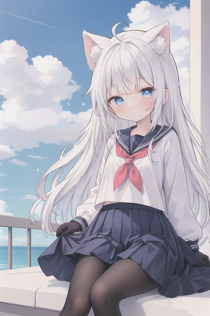 (masterpiece, best quality),a , solo, Bold clothes, skirt, sky, sitting, pantyhose, serafuku, cloud,black gloves, neckerchief ,day, bangs, shirt, ahoge, long hair, white pantyhose, black hair, school uniform, white sailor collar, Purple blue eyes, Pink white hair, sailor collar, blue skirt, red neckerchief, blue serafuku, animal ears, blue sky, long sleeves, blue shirt, looking at viewer, closed mouth,cat ears, pleated skirt, Ruffle, cloudy sky, cute, beautiful eyes, delicate pupils