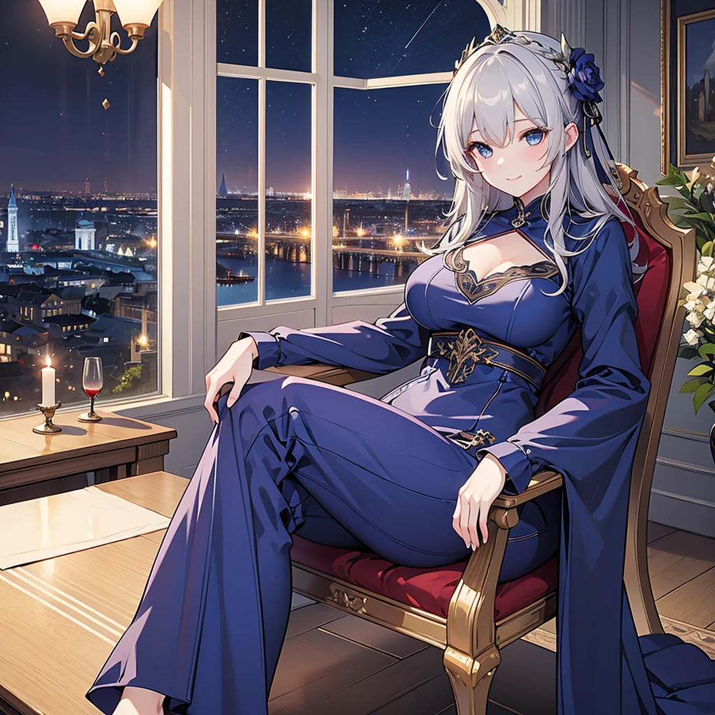 ((Highest quality)), ((masterpiece)) 、One woman, masterpiece, (High resolution), original, extremely detailed 8K , (Photorealistic:1.4),blue eyes ,Symmetrical body type,smile, Medieval European style street、night dark blue dress、smile, blondes, Large Breasts, Gray Hair、city、Sitting in a chair、Luxurious Room、Very luxurious chair、sitting in front、Book placed on thigh、Crossing your legs、Very deep slit、Night view from the window、Wine on the table、((1 person))