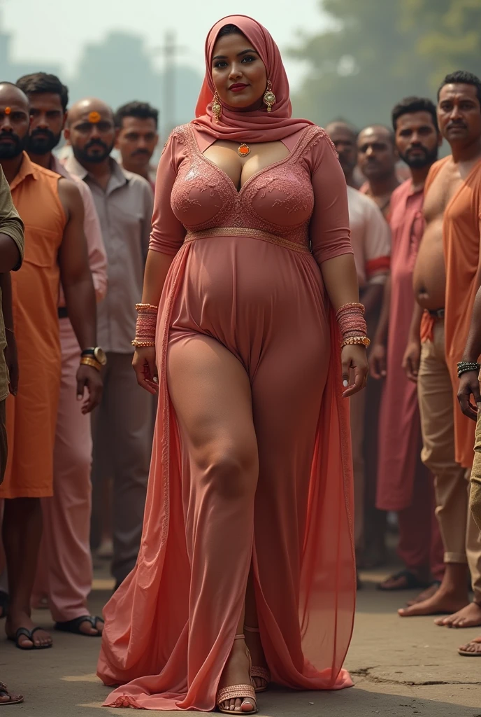 Iranian woman, aged 45, chubby, toned midriff, big butt, thick thighs, enormous saggy bust staying close to her body, dressed in translucent veils and golden chains with bells. Barefoot. She is looking back over her shoulder seductively. She is on a busy sidewalk.