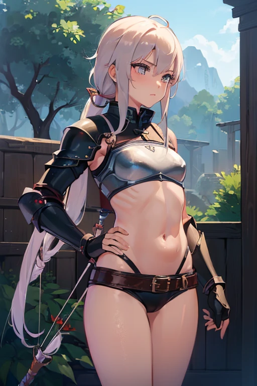 1slave, Full-body art, elf chained, bound, elf girl in shackles, girl squatting, kneeling, knees on the ground, dark bikini, camel toe, small breasts, girl chained in dungeon, dark and dirty dungeon, stone walls, chains, witch with shackles, dark and humid environment, knees spread, shy and embarrassed expression