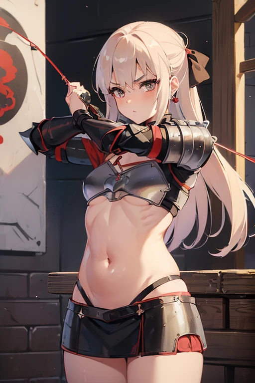 (((Female Archer)))、(((Wears a small amount of leather armor)))、(((Belly button)))、Holding up a magic wand、 Best Quality, masterpiece, Ultra-high resolution、(Mid-length hair)、middle ages、Sexy pose、((Exposed Skasy)、Ready your bow、((Oily skin))、whole body、Taking aim