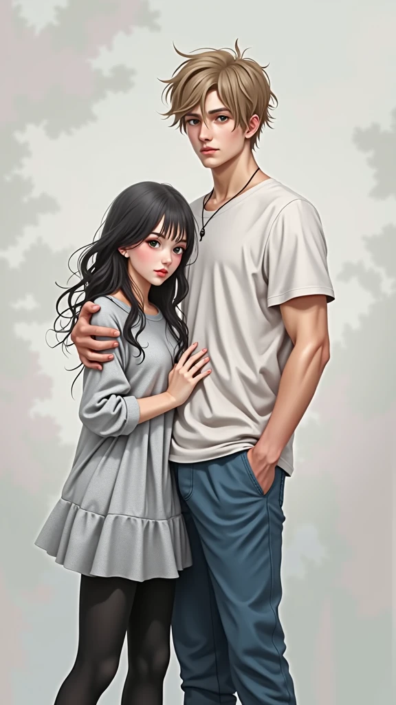 Imagine a  girl with black hair, waist length, and wavy. His eyes are a deep brown color. He has big legs and slightly broad shoulders., with a chubby complexion and white skin. Next to her is her partner, A 1 boy, of approximately 1.80 meters high. He has a medium build, with broad shoulders and slightly muscular arms. His hair is light brown, short and slightly disheveled, and her eyes are hazel green. realist