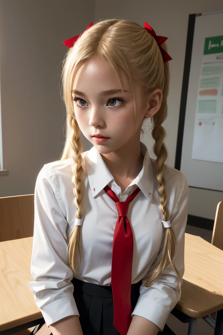 masterpiece, highres, high quality, extremly detailed, 
american teenage girl, long blonde hair, red miniskirt, black ribbon, white shirt, red tie, hair in pigtails. innocent
side lighting, low key, high contrast, high saturation,
in a school classroom, sitting at a small desk. holding a pencil in her mouth
