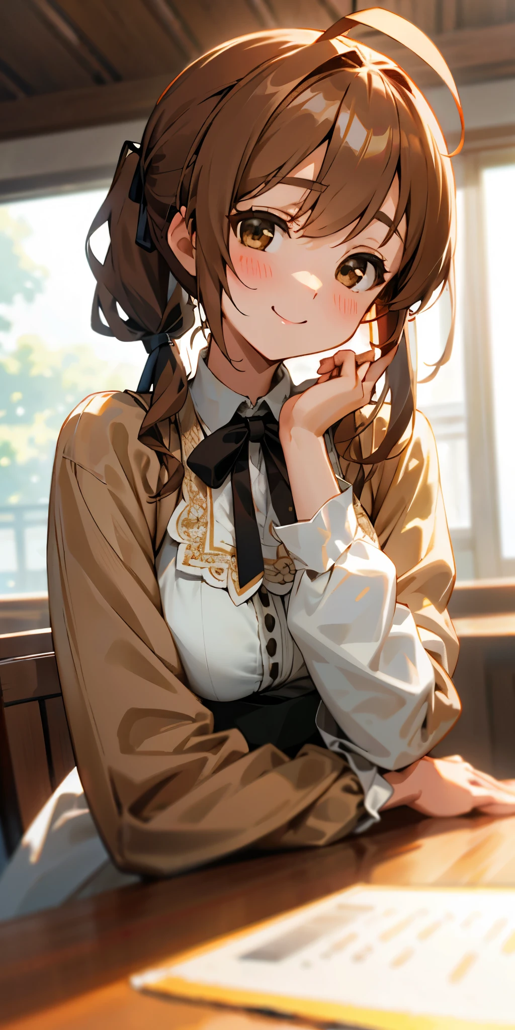 One girl、8k、Sharp Focus、(Bokeh) (Best Quality) (Detailed skin:1.3) (Intricate details) (anime)、Upper body close-up、From the side、Natural proportions、smile、White skin、Big eyes、Dark brown eyes、Light Brown Hair、Side Ponytail、Big Breasts、Ahoge、Brown jacket、(Long sleeve blouse)、Ruffled blouse、Upper body close-up、Morning cafe terrace、Background blur、Write boundary depth