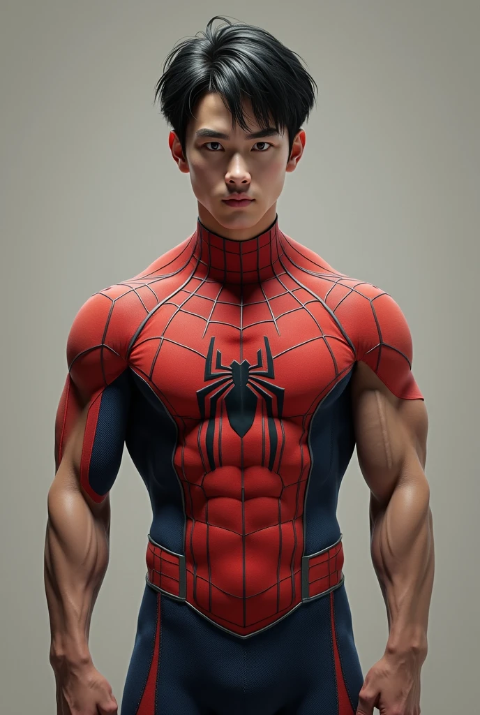 In the alluring picture is a handsome Korean man 3 with his fair and bright skin like a hero, the background is in a warehouse and bold, his charm radiates as he proudly shows off his six-pack abs and muscular arms in a fully standing pose. He is wearing sexy spider-patterned underwear and also uses spider-patterned gloves and socks, which highlight his body shape, He stands in the middle of a giant spider web of his own creation, surrounded by a large spider web behind him, Bathed in the golden light of a beautiful day. With unmatched attention to detail., This photorealistic portrait combines Superhero style., Capture every detail of his textured skin in 8k resolution. Leica digital SLR camera. His features are clearly visible., From his deep-set eagle-like eyes to his sculpted jaw., Make this image a true masterpiece.. Lift. (8K UHD、RAW Photography、Leica Digital SLR Photorealistic Portrait、Realistic image), big bulge