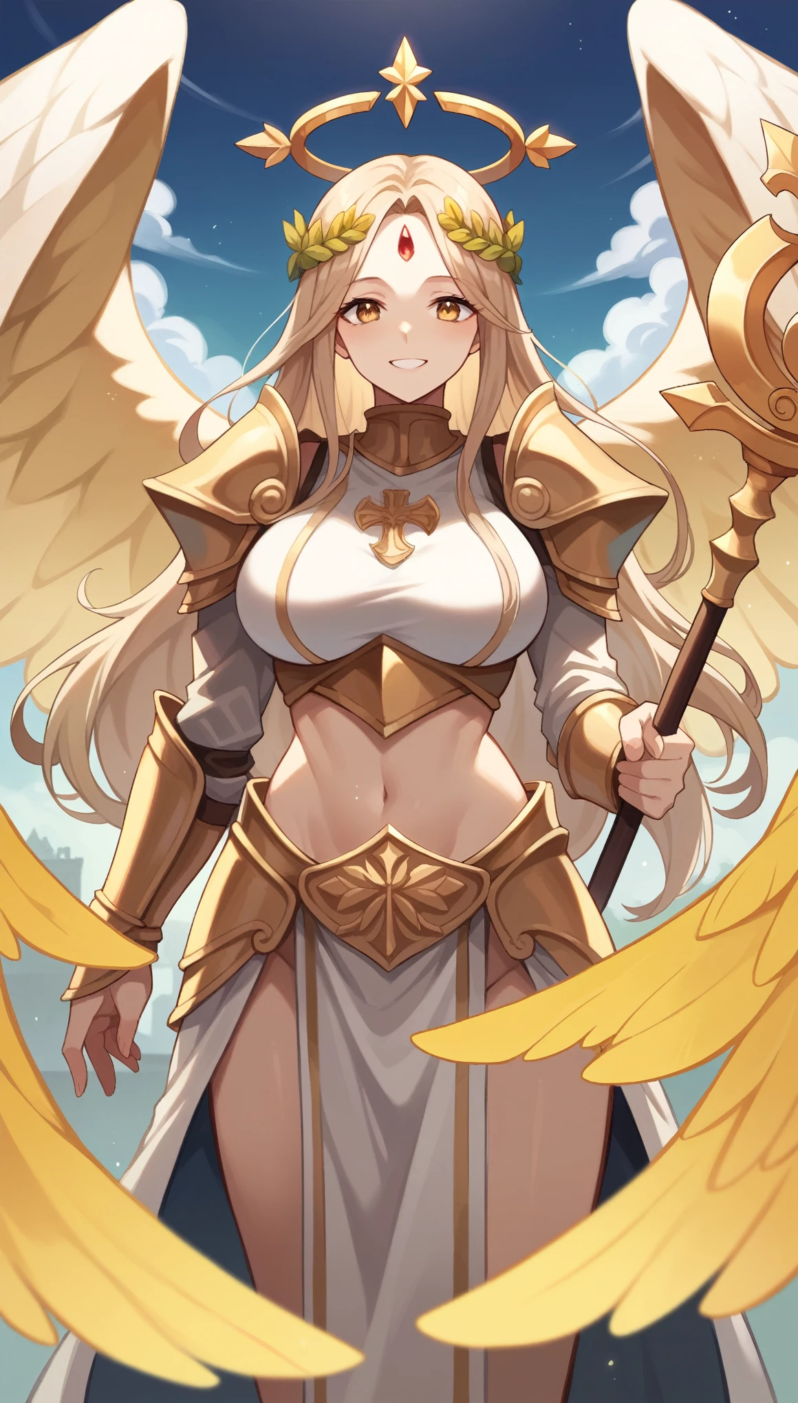 (masterpiece:1.2, Best Quality),(anime), woman,smile,A staff in his right hand,Angel,knight,Laurel wreath,Highly revealing,armor,Long Hair,Half Up,Forehead is visible,stomach,Beige hair,Golden Eyes,Very large breasts,Four Golden Wings,temple