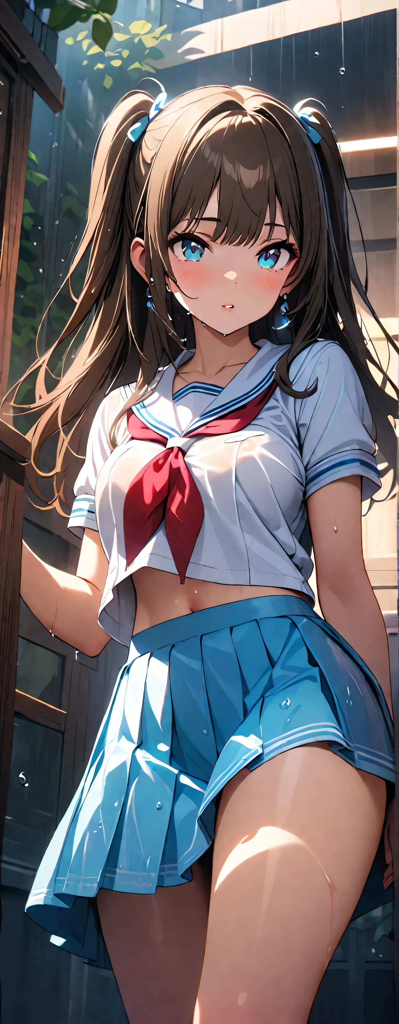 Anime girl in a short skirt and a white shirt with a red heart - SeaArt AI