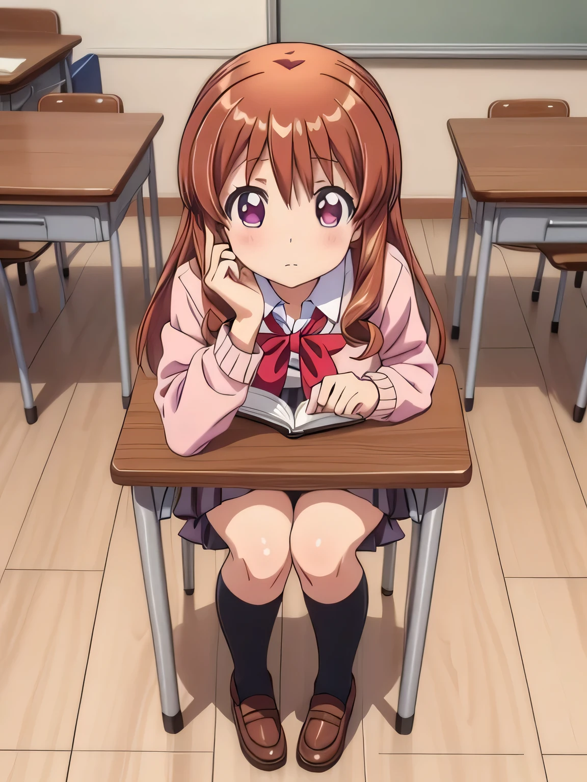 solo, 1girl, looking at viewer, 2D, anime, official style, anime coloring, anime screencap,  (class room), ryou machiko, blush, school uniform, sweater, studying , full body , desk , chair 