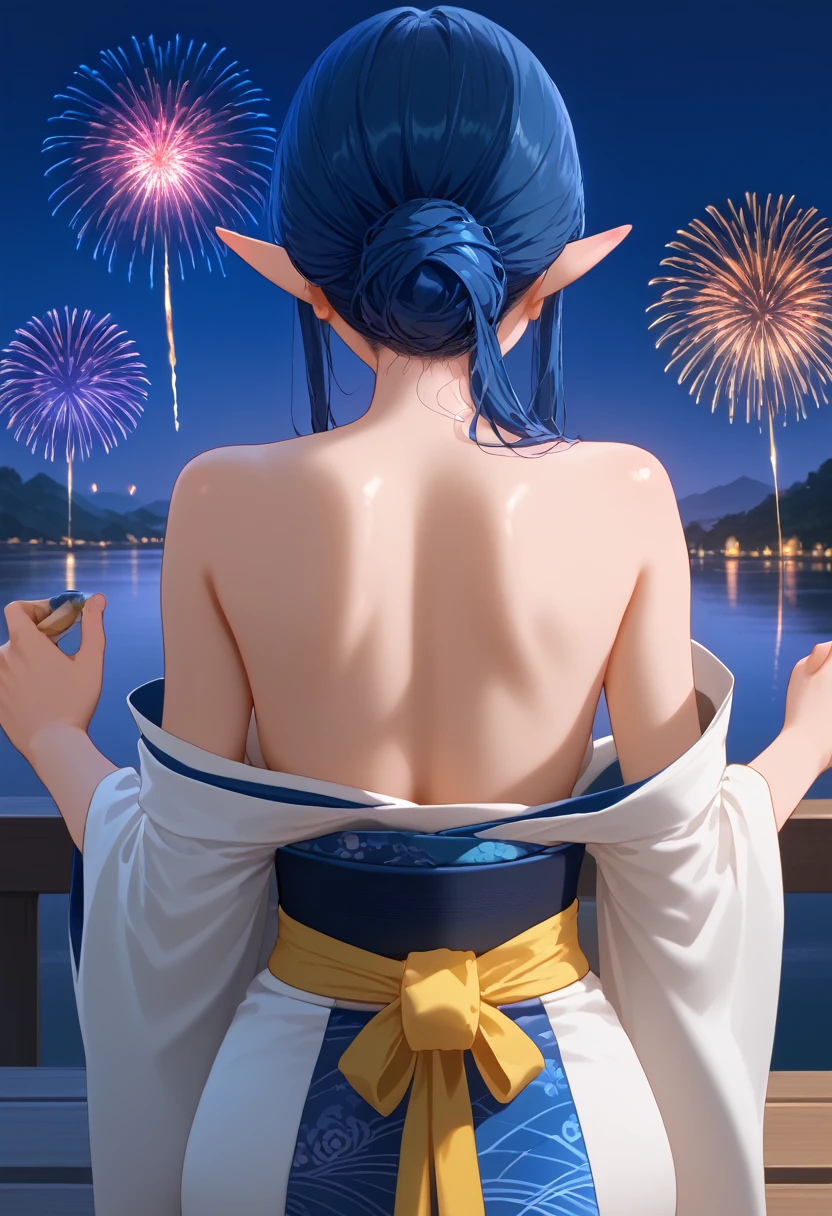 ((best quality)), ((masterpiece)), (detailed face and eyes), detailed hands and fingers, perfect face, accurate, textured skin, high details, blue hair, elf, multicolored eyes, pointy ears, kimono, wearing japanese traditional cloth, kanzashi, Night view, fireworks in the background, from back, shiny skin