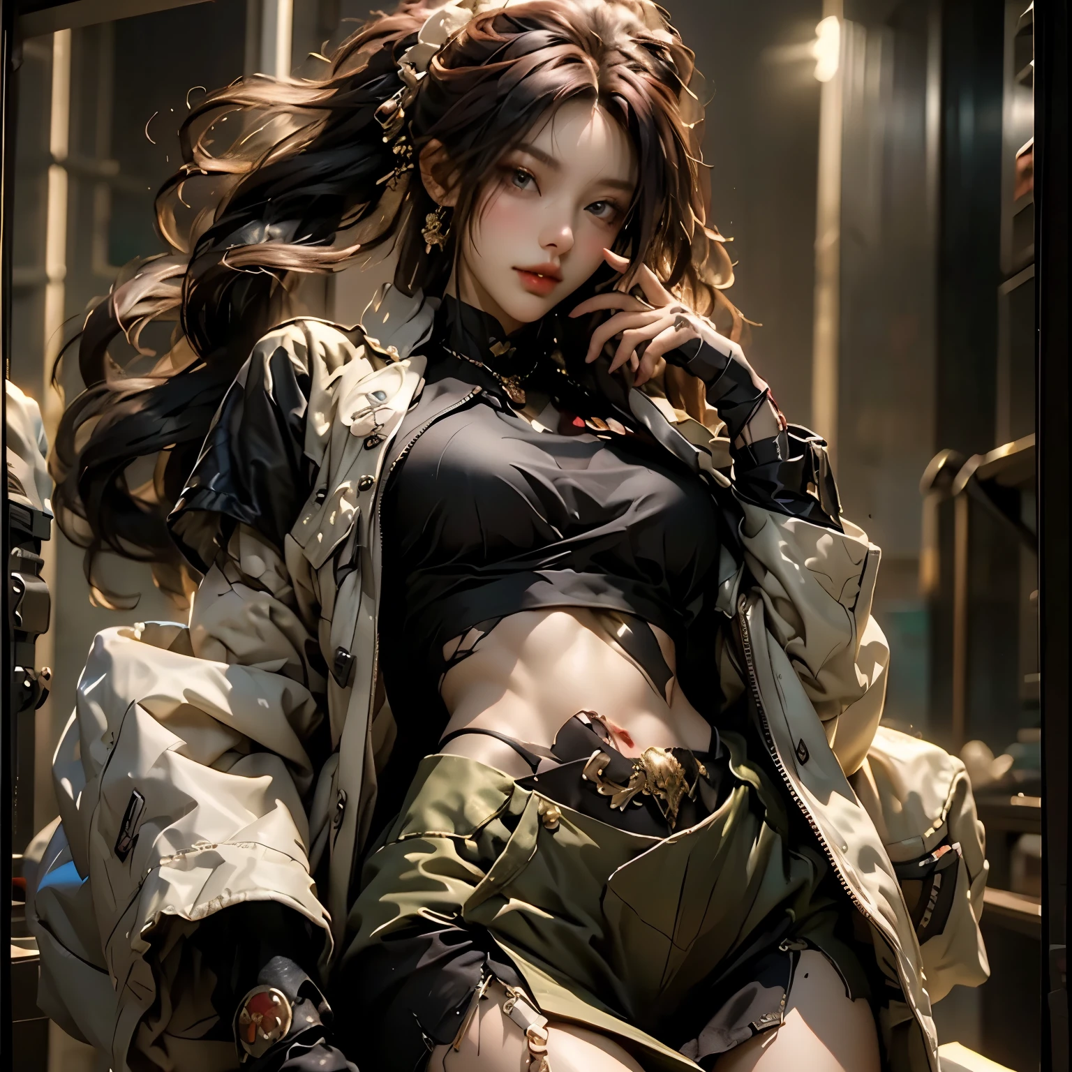 ((best quality)), ((Masterpiece)), (details:1.4), ((Enrich the picture，Masterpiece level quality)), Beautiful 8K CG artwork, 3d, HDR (high dynamic range), an image of a beautiful cyberpunk female, mature woman, future theme, cyberpunk, (( red hair, long hair)), Beautiful golden eyes, super eyes details, จมูกโด่ง, ปากแดง, หน้าอกใหญ่, nvidia RTX, PBR surface, After processing, Anisotropic filtration,depth of field, Maximum clarity and clarity, multi-layered surface, Subsurface scattering, perfect proportions, ultra detailed, Perfect proportions, volumetric lighting, soft lighting, police, black police uniform, Heavy black Armor, glossy skin, intricate golden embroidery, street background, ต่างหู, sexy long-sleeved black jacket, watch, gloves, slender fingers, sexy black mini skirt,